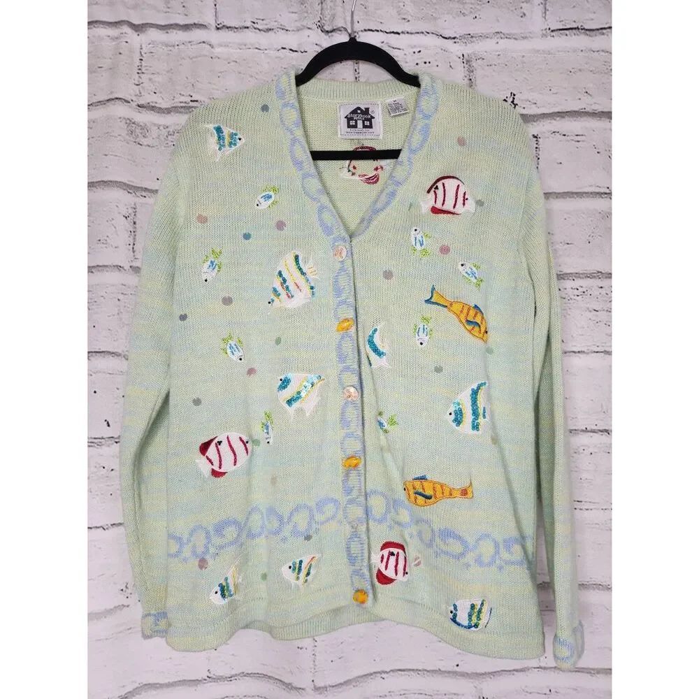 Storybook Knits Cardigan Sweater Fish In Motion Womens Medium Ocean Button Up